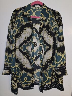 Sandy & Sid - Satin Style Button Up Blouse - Green, Black & Gold Baroque